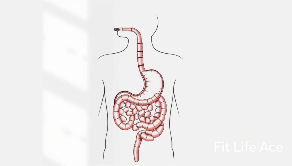 a detailed illustrated medical diagram depicting the anatomy of the human esophagus and stomach, with no signs of injury or damage, set against a plain white background, lit by soft, diffused natural lighting, creating a calm, educational atmosphere. the image should convey the message that there is no direct link between acid reflux and choking deaths. include the "Fit Life Ace" brand name in the bottom right corner.
