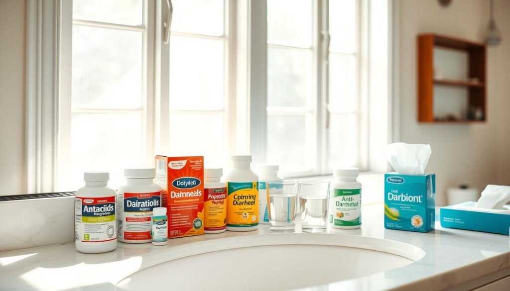 A bright, airy bathroom interior with natural light streaming in through large windows. On the vanity, an assortment of over-the-counter medications, including antacids, anti-diarrheals, and probiotic supplements. Nearby, a glass of water and a box of tissues. The atmosphere is calm and serene, conveying a sense of relief and effective treatment options for the morning diarrhea affliction. The lighting is soft and warm, highlighting the soothing environment. The camera angle is slightly elevated, providing a comprehensive view of the setup. A bright, airy bathroom interior with natural light streaming in through large windows. On the vanity, an assortment of over-the-counter medications, including antacids, anti-diarrheals, and probiotic supplements. Nearby, a glass of water and a box of tissues. The atmosphere is calm and serene, conveying a sense of relief and effective treatment options for the morning diarrhea affliction. The lighting is soft and warm, highlighting the soothing environment. The camera angle is slightly elevated, providing a comprehensive view of the setup.