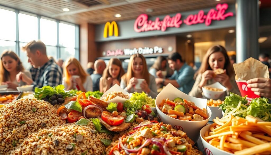 A bustling fast-food restaurant scene, with a focus on fiber-rich menu items from McDonald's and Chick-fil-A. In the foreground, a vibrant display of whole grains, fresh vegetables, and lean protein sources, artfully arranged to showcase their nutritional value. In the middle ground, customers digging into hearty salads, wraps, and bowls, their faces reflecting a sense of satisfaction. In the background, the iconic architecture and branding of the two restaurants, bathed in warm, natural lighting that accentuates the healthier choices. The overall atmosphere conveys a sense of balance and accessibility, where fast food can be a source of nourishment rather than just convenience.