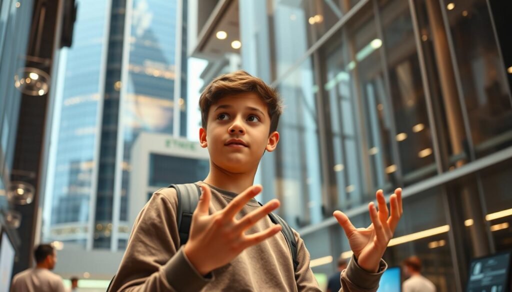 A bustling technology hub, with a towering skyscraper in the background, its sleek lines and glass facade reflecting the innovative spirit within. In the foreground, a young person with a thoughtful expression, their hands gesturing as they explain their latest project - a groundbreaking invention that showcases the unique perspectives and problem-solving abilities often associated with the autism spectrum. Soft, warm lighting illuminates the scene, creating an atmosphere of creativity and possibility. The image conveys the idea that autism and innovation can go hand-in-hand, with unique perspectives driving breakthroughs in technology and design.