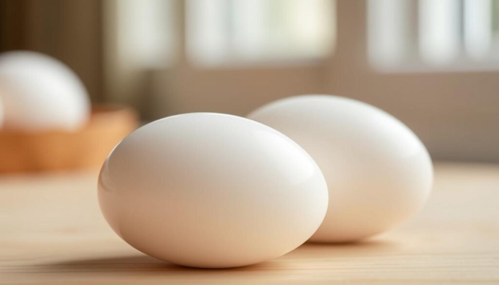 A close-up, high-resolution image of two fresh, large, organic chicken eggs sitting on a light wooden surface. The eggs are glistening with a slight reflection, highlighting their smooth, porcelain-like shells. The lighting is soft and diffused, creating a warm, natural atmosphere. The background is slightly blurred, keeping the focus on the protein-rich eggs in the foreground. The image conveys the nutrient-dense nature of the eggs, emphasizing their role as a high-quality protein source. A close-up, high-resolution image of two fresh, large, organic chicken eggs sitting on a light wooden surface. The eggs are glistening with a slight reflection, highlighting their smooth, porcelain-like shells. The lighting is soft and diffused, creating a warm, natural atmosphere. The background is slightly blurred, keeping the focus on the protein-rich eggs in the foreground. The image conveys the nutrient-dense nature of the eggs, emphasizing their role as a high-quality protein source.