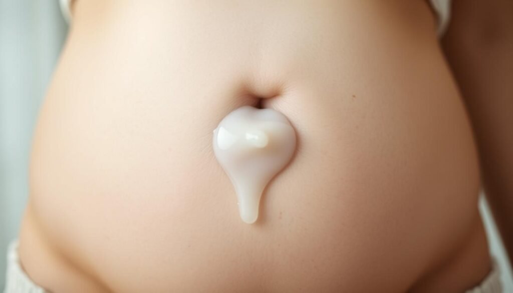 A close-up of a woman's lower abdomen, gently illuminated by soft, diffused lighting. The skin is smooth and unblemished, with a subtle, natural glow. In the center, a translucent, milky-white discharge slowly emerges from the vaginal opening, its texture viscous and glistening. The background is softly blurred, allowing the focus to remain on the delicate, intimate detail of this early pregnancy symptom. The mood is serene, capturing the subtle changes occurring within the body during the initial stages of gestation. A close-up of a woman's lower abdomen, gently illuminated by soft, diffused lighting. The skin is smooth and unblemished, with a subtle, natural glow. In the center, a translucent, milky-white discharge slowly emerges from the vaginal opening, its texture viscous and glistening. The background is softly blurred, allowing the focus to remain on the delicate, intimate detail of this early pregnancy symptom. The mood is serene, capturing the subtle changes occurring within the body during the initial stages of gestation.