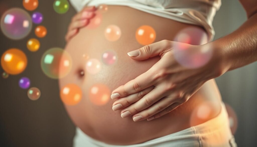 A close-up shot of a woman's hands resting on her pregnant belly, with colorful hormones floating around in the background. The hormones appear as glowing, translucent orbs of various sizes and hues, suggesting the complex biochemical changes happening inside the body. The lighting is soft and warm, creating a dreamy, introspective atmosphere. The focus is on the woman's hands, symbolizing the connection between the mother and the developing child, and the way hormones influence the physical and emotional aspects of pregnancy. A close-up shot of a woman's hands resting on her pregnant belly, with colorful hormones floating around in the background. The hormones appear as glowing, translucent orbs of various sizes and hues, suggesting the complex biochemical changes happening inside the body. The lighting is soft and warm, creating a dreamy, introspective atmosphere. The focus is on the woman's hands, symbolizing the connection between the mother and the developing child, and the way hormones influence the physical and emotional aspects of pregnancy.