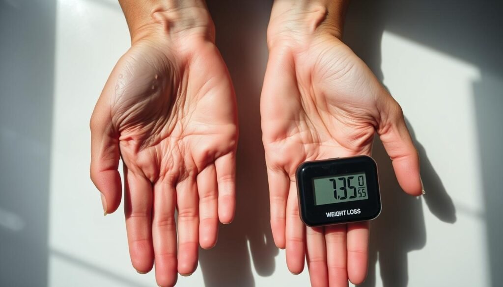 A close-up shot of two hands, one hand is sweating profusely with visible beads of sweat, while the other hand is displaying a digital weight loss tracking device showing a declining number. The hands are positioned side-by-side, creating a visual contrast between the effects of sweating and actual weight loss. The lighting is natural, with soft shadows emphasizing the textures and details. The background is a clean, minimalist surface, keeping the focus on the hands and the comparison between sweating and weight loss. A close-up shot of two hands, one hand is sweating profusely with visible beads of sweat, while the other hand is displaying a digital weight loss tracking device showing a declining number. The hands are positioned side-by-side, creating a visual contrast between the effects of sweating and actual weight loss. The lighting is natural, with soft shadows emphasizing the textures and details. The background is a clean, minimalist surface, keeping the focus on the hands and the comparison between sweating and weight loss.