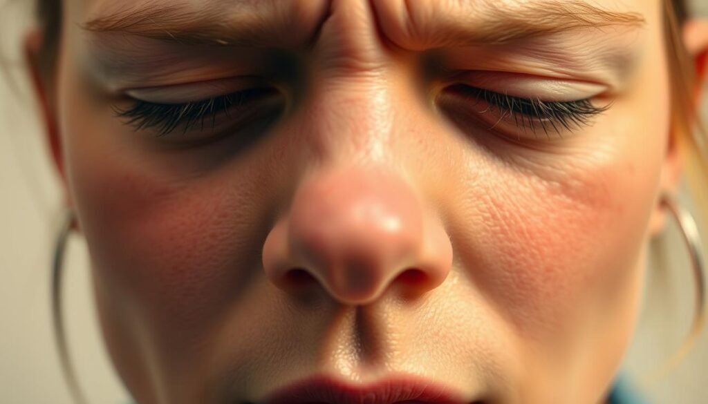 A close-up view of a person's face, showcasing the various allergy symptoms. The forehead is flushed, the eyes are watery and red, the nose is slightly swollen, and the lips are dry and chapped. The skin has a light rash-like irritation, with some areas appearing blotchy. The lighting is soft and diffused, creating a gentle, warm mood. The focus is on the facial features, with a shallow depth of field blurring the background. The overall impression is one of discomfort and irritation, conveying the experience of an allergic reaction. A close-up view of a person's face, showcasing the various allergy symptoms. The forehead is flushed, the eyes are watery and red, the nose is slightly swollen, and the lips are dry and chapped. The skin has a light rash-like irritation, with some areas appearing blotchy. The lighting is soft and diffused, creating a gentle, warm mood. The focus is on the facial features, with a shallow depth of field blurring the background. The overall impression is one of discomfort and irritation, conveying the experience of an allergic reaction.