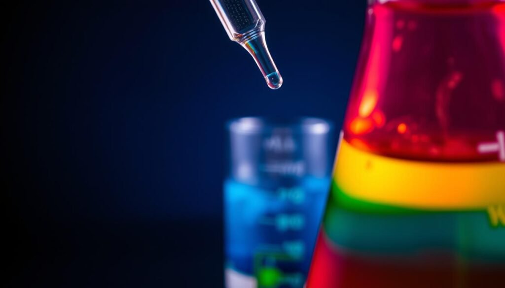 A close-up view of a transparent glass beaker filled with a vibrant, multi-colored e-liquid composition. The foreground shows the intricate details of the liquid, with its various hues blending seamlessly. In the middle ground, a laboratory-style pipette hovers, suggesting the precise measurement and mixing of the components. The background is dimly lit, creating a sense of focus and intensity on the e-liquid itself. Soft, directional lighting casts subtle shadows, accentuating the depth and density of the liquids. The overall atmosphere is one of scientific inquiry and the exploration of vaping's nuanced formulations. A close-up view of a transparent glass beaker filled with a vibrant, multi-colored e-liquid composition. The foreground shows the intricate details of the liquid, with its various hues blending seamlessly. In the middle ground, a laboratory-style pipette hovers, suggesting the precise measurement and mixing of the components. The background is dimly lit, creating a sense of focus and intensity on the e-liquid itself. Soft, directional lighting casts subtle shadows, accentuating the depth and density of the liquids. The overall atmosphere is one of scientific inquiry and the exploration of vaping's nuanced formulations.