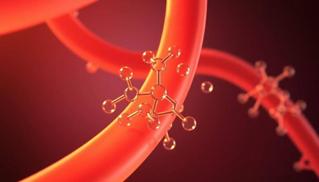 A close-up view of blood vessels with intricate omega-3 fatty acid structures flowing through them, illuminated by warm, soft lighting that casts subtle shadows. The vessels appear healthy and vibrant, with a smooth, glowing texture. The background is a serene, minimalist setting that allows the central focus to be on the omega-3 components and their beneficial effects on vessel health. The composition is balanced and visually appealing, conveying a sense of calm and well-being. The image is captured with a telephoto lens to provide a detailed, high-resolution view of the omega-3 fatty acids and their interaction with the vessel walls. A close-up view of blood vessels with intricate omega-3 fatty acid structures flowing through them, illuminated by warm, soft lighting that casts subtle shadows. The vessels appear healthy and vibrant, with a smooth, glowing texture. The background is a serene, minimalist setting that allows the central focus to be on the omega-3 components and their beneficial effects on vessel health. The composition is balanced and visually appealing, conveying a sense of calm and well-being. The image is captured with a telephoto lens to provide a detailed, high-resolution view of the omega-3 fatty acids and their interaction with the vessel walls.