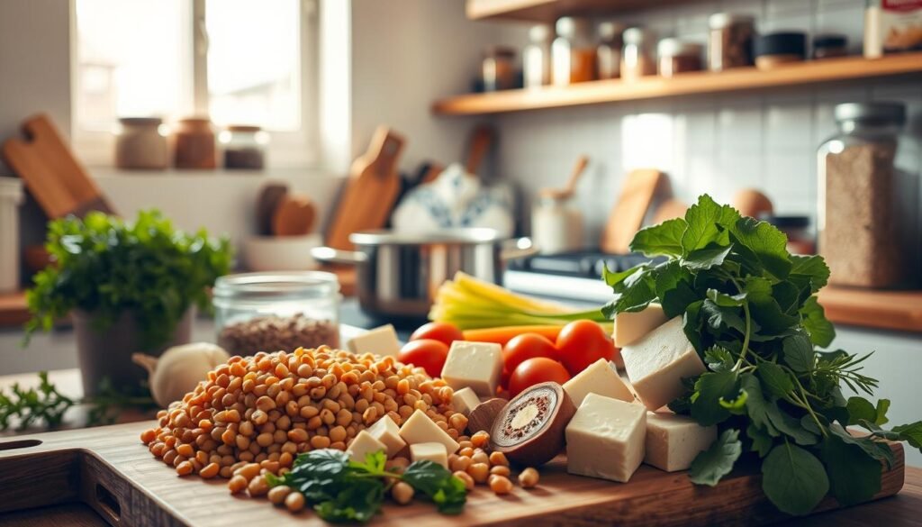 A cozy, well-lit kitchen scene showcasing an assortment of budget-friendly, protein-rich vegetarian ingredients. In the foreground, a wooden cutting board displays a variety of fresh produce, such as lentils, chickpeas, tofu, and leafy greens. In the middle ground, a pot simmers on the stove, releasing fragrant steam. The background features simple, minimalist shelves stocked with jars of spices, grains, and other pantry staples. Warm, natural lighting filters through a window, casting a soft glow over the scene. The overall atmosphere conveys a sense of nourishment, affordability, and wholesome preparation.
