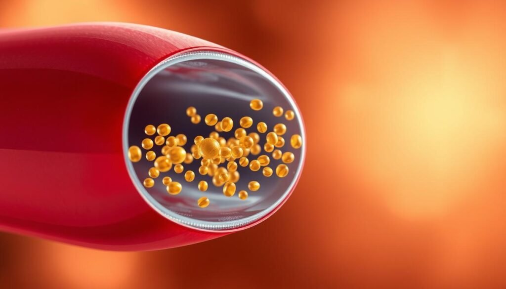 A cross-section of a blood vessel, with the interior walls lined with a layer of Vitamin E molecules. The vessel wall is composed of smooth muscle cells, endothelial cells, and a thin extracellular matrix. Vitamin E molecules are depicted as golden ellipsoids, densely packed along the vessel wall, creating a protective barrier against oxidative stress and inflammation. The background is a softly lit, warm-toned gradient, conveying a sense of nurturing and vitality. The overall scene is rendered with photorealistic detail, captured through a macro lens for an up-close, intricate view of the vessel's inner workings and the antioxidant protection provided by Vitamin E. A cross-section of a blood vessel, with the interior walls lined with a layer of Vitamin E molecules. The vessel wall is composed of smooth muscle cells, endothelial cells, and a thin extracellular matrix. Vitamin E molecules are depicted as golden ellipsoids, densely packed along the vessel wall, creating a protective barrier against oxidative stress and inflammation. The background is a softly lit, warm-toned gradient, conveying a sense of nurturing and vitality. The overall scene is rendered with photorealistic detail, captured through a macro lens for an up-close, intricate view of the vessel's inner workings and the antioxidant protection provided by Vitamin E.