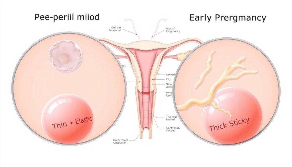 A detailed, clinical illustration of cervical mucus in pre-period and early pregnancy states. In the foreground, two magnified samples of cervical mucus, one thin and elastic for pre-period, the other thick and sticky for early pregnancy. In the middle ground, a cross-section of the female reproductive system, highlighting the cervix and its changes. The background is a soft, neutral tone, with subtle anatomical diagrams. Realistic, high-resolution, scientifically accurate, neutral color palette, medical illustration style. A detailed, clinical illustration of cervical mucus in pre-period and early pregnancy states. In the foreground, two magnified samples of cervical mucus, one thin and elastic for pre-period, the other thick and sticky for early pregnancy. In the middle ground, a cross-section of the female reproductive system, highlighting the cervix and its changes. The background is a soft, neutral tone, with subtle anatomical diagrams. Realistic, high-resolution, scientifically accurate, neutral color palette, medical illustration style.