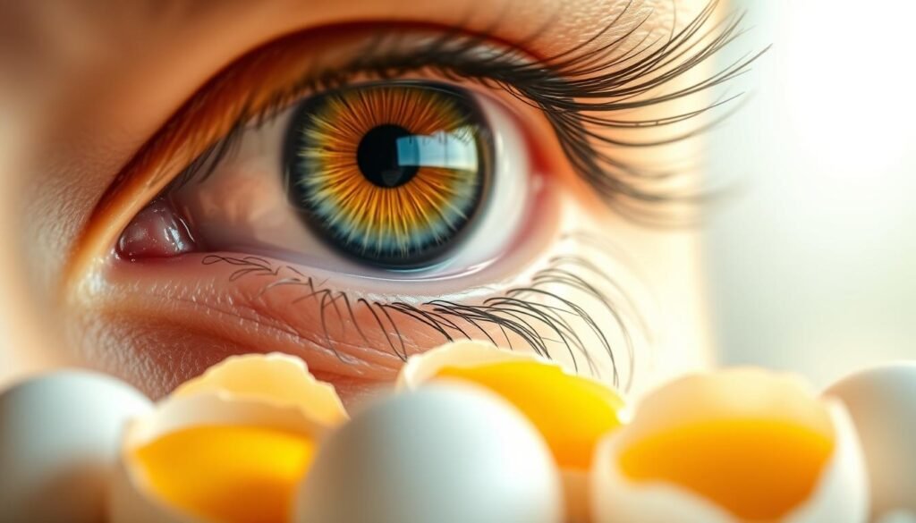 A detailed close-up of a human eye showcasing the health benefits of eating eggs. The eye appears vibrant and clear, with a striking iris that conveys a sense of vitality and wellness. In the foreground, a delicate arrangement of farm-fresh eggs is placed, their golden yolks and pristine shells symbolizing the nutritional wealth that eggs provide. Warm, soft lighting illuminates the scene, creating a serene and inviting atmosphere. The overall composition emphasizes the synergy between the eye's health and the consumption of this versatile and nutritious food. A detailed close-up of a human eye showcasing the health benefits of eating eggs. The eye appears vibrant and clear, with a striking iris that conveys a sense of vitality and wellness. In the foreground, a delicate arrangement of farm-fresh eggs is placed, their golden yolks and pristine shells symbolizing the nutritional wealth that eggs provide. Warm, soft lighting illuminates the scene, creating a serene and inviting atmosphere. The overall composition emphasizes the synergy between the eye's health and the consumption of this versatile and nutritious food.