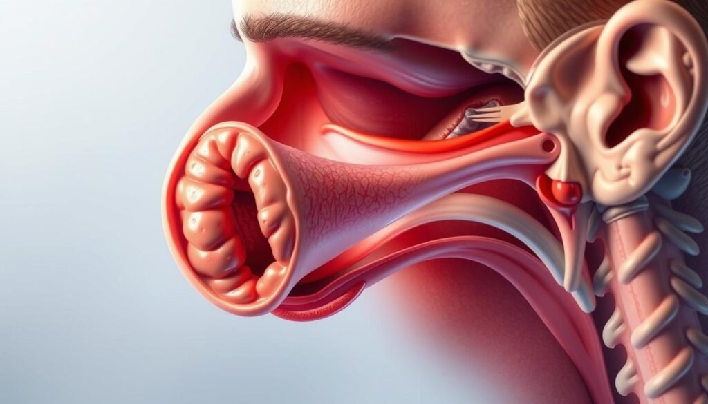 A detailed cross-sectional diagram depicting a severe sinus infection. The foreground shows an enlarged, inflamed sinus cavity filled with thick, discolored mucus. In the middle ground, the nasal passages are swollen and obstructed, while the background reveals the surrounding facial bones and tissues. Illuminated by a soft, diffused light, this medical illustration conveys the uncomfortable, congested experience of a sinus infection that could potentially lead to a fever. Rendered with clinical precision and anatomical accuracy to effectively illustrate the section on how allergies can progress into more serious conditions. A detailed cross-sectional diagram depicting a severe sinus infection. The foreground shows an enlarged, inflamed sinus cavity filled with thick, discolored mucus. In the middle ground, the nasal passages are swollen and obstructed, while the background reveals the surrounding facial bones and tissues. Illuminated by a soft, diffused light, this medical illustration conveys the uncomfortable, congested experience of a sinus infection that could potentially lead to a fever. Rendered with clinical precision and anatomical accuracy to effectively illustrate the section on how allergies can progress into more serious conditions.