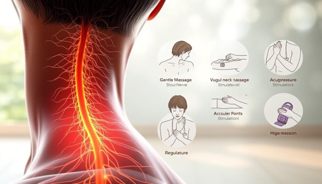 A detailed illustration of vagus nerve stimulation techniques. In the foreground, a close-up view of the neck area, highlighting the location of the vagus nerve. The skin is transparent, revealing the intricate network of nerves. In the middle ground, various techniques are depicted, such as gentle neck massage, acupressure points, and the use of a vagus nerve stimulator device. The background showcases a soothing, calming environment with soft lighting, natural textures, and a serene color palette to convey the mood of relaxation and regulation. The image is rendered with a photorealistic style, capturing the intricate anatomical details and the practical application of the techniques. A detailed illustration of vagus nerve stimulation techniques. In the foreground, a close-up view of the neck area, highlighting the location of the vagus nerve. The skin is transparent, revealing the intricate network of nerves. In the middle ground, various techniques are depicted, such as gentle neck massage, acupressure points, and the use of a vagus nerve stimulator device. The background showcases a soothing, calming environment with soft lighting, natural textures, and a serene color palette to convey the mood of relaxation and regulation. The image is rendered with a photorealistic style, capturing the intricate anatomical details and the practical application of the techniques.