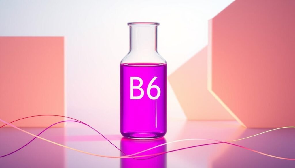 A detailed illustration of vitamin B6 and its role in hormone balance. A glass beaker filled with a glowing, vibrant purple liquid, representing the essential nutrient, set against a backdrop of soft, pastel-hued geometric shapes. The foreground features elegant, flowing lines and organic forms, symbolizing the harmonious balance of hormones. Subtle lighting casts a warm, natural glow, highlighting the intricate details and creating a sense of depth and dimension. The overall composition conveys a sense of scientific precision, as well as a serene, soothing atmosphere conducive to wellness and rejuvenation. A detailed illustration of vitamin B6 and its role in hormone balance. A glass beaker filled with a glowing, vibrant purple liquid, representing the essential nutrient, set against a backdrop of soft, pastel-hued geometric shapes. The foreground features elegant, flowing lines and organic forms, symbolizing the harmonious balance of hormones. Subtle lighting casts a warm, natural glow, highlighting the intricate details and creating a sense of depth and dimension. The overall composition conveys a sense of scientific precision, as well as a serene, soothing atmosphere conducive to wellness and rejuvenation.