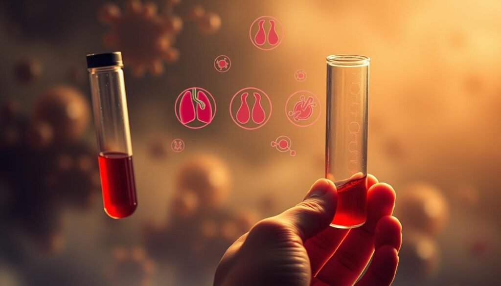 A detailed illustration showcasing the connection between B12 deficiency and cancer risk. In the foreground, a person's hand holds a glass vial filled with bright red blood, symbolizing the impact of B12 deficiency on the body. In the middle ground, a series of medical icons representing different types of cancer, including lung, breast, and prostate, float weightlessly, indicating the potential link between B12 deficiency and these conditions. The background features a hazy, scientific landscape with a molecular structure or cellular pattern, creating a sense of the complex biological mechanisms at play. The lighting is soft and atmospheric, casting a warm, pensive tone. The overall composition should convey the seriousness of the subject matter while maintaining a visually engaging and thought-provoking representation. A detailed illustration showcasing the connection between B12 deficiency and cancer risk. In the foreground, a person's hand holds a glass vial filled with bright red blood, symbolizing the impact of B12 deficiency on the body. In the middle ground, a series of medical icons representing different types of cancer, including lung, breast, and prostate, float weightlessly, indicating the potential link between B12 deficiency and these conditions. The background features a hazy, scientific landscape with a molecular structure or cellular pattern, creating a sense of the complex biological mechanisms at play. The lighting is soft and atmospheric, casting a warm, pensive tone. The overall composition should convey the seriousness of the subject matter while maintaining a visually engaging and thought-provoking representation.