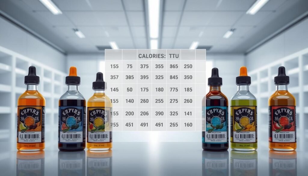 A detailed, scientific illustration showcasing the caloric content of various e-liquids. The foreground depicts an array of e-liquid bottles, their labels prominently displaying the calorie values. In the middle ground, a transparent grid overlay highlights the numerical calorie data for each flavor. The background features a sleek, minimalist laboratory setting with clinical lighting, emphasizing the informational and educational nature of the image. The composition is balanced, with clean lines and a color palette of grays, blues, and whites, creating a sense of technical precision. The overall tone is one of factual clarity, designed to effectively convey the surprising truth about the caloric impact of vaping. A detailed, scientific illustration showcasing the caloric content of various e-liquids. The foreground depicts an array of e-liquid bottles, their labels prominently displaying the calorie values. In the middle ground, a transparent grid overlay highlights the numerical calorie data for each flavor. The background features a sleek, minimalist laboratory setting with clinical lighting, emphasizing the informational and educational nature of the image. The composition is balanced, with clean lines and a color palette of grays, blues, and whites, creating a sense of technical precision. The overall tone is one of factual clarity, designed to effectively convey the surprising truth about the caloric impact of vaping.