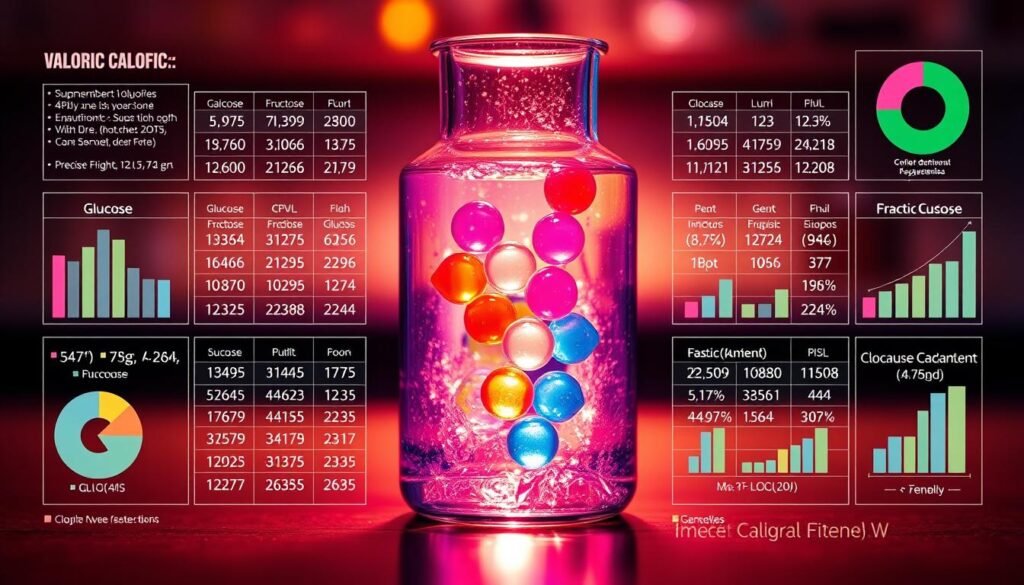 A detailed visual breakdown of the caloric composition of common e-liquid ingredients. A clear glass beaker filled with a vibrant, translucent liquid, backlit to reveal the intricate layers of macronutrients. Glucose, fructose, and sucrose represented as colorful, semi-transparent spheres floating within the solution. Surrounding the beaker, a grid of numerical data and charts illustrating the precise caloric ratios of each component. The scene is bathed in a warm, laboratory-like lighting, with a sense of scientific precision and clinical analysis. The overall impression is one of educational clarity, highlighting the caloric content of vaping liquids in a visually engaging and informative manner. A detailed visual breakdown of the caloric composition of common e-liquid ingredients. A clear glass beaker filled with a vibrant, translucent liquid, backlit to reveal the intricate layers of macronutrients. Glucose, fructose, and sucrose represented as colorful, semi-transparent spheres floating within the solution. Surrounding the beaker, a grid of numerical data and charts illustrating the precise caloric ratios of each component. The scene is bathed in a warm, laboratory-like lighting, with a sense of scientific precision and clinical analysis. The overall impression is one of educational clarity, highlighting the caloric content of vaping liquids in a visually engaging and informative manner.