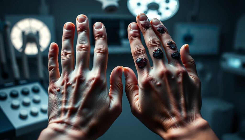 A dimly lit medical laboratory setting, with a close-up view of two patients' hands - one exhibiting pale, swollen skin indicative of vitamin B12 deficiency, the other showing bruised, discolored lesions suggestive of cancerous growths. The subjects are set against a backdrop of blurred medical equipment and diagnostic tools, creating a sense of clinical examination. Soft, directional lighting casts subtle shadows, emphasizing the textural details of the skin conditions. The overall mood is one of concern and contemplation, inviting the viewer to ponder the connections between these two health issues. A dimly lit medical laboratory setting, with a close-up view of two patients' hands - one exhibiting pale, swollen skin indicative of vitamin B12 deficiency, the other showing bruised, discolored lesions suggestive of cancerous growths. The subjects are set against a backdrop of blurred medical equipment and diagnostic tools, creating a sense of clinical examination. Soft, directional lighting casts subtle shadows, emphasizing the textural details of the skin conditions. The overall mood is one of concern and contemplation, inviting the viewer to ponder the connections between these two health issues.