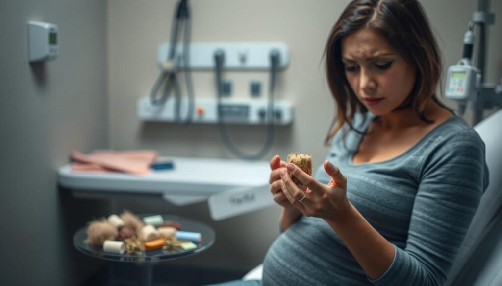 A dimly lit, muted-toned medical examination room. In the foreground, a pregnant woman sits, her expression troubled as she examines a handful of bizarre, unidentifiable objects. The middle ground shows a collection of strange, non-food items - chalk, paper clips, wool - suggesting her concerning pica-driven cravings. The background is blurred, hinting at the medical instruments and equipment that signal the seriousness of her condition. The lighting is soft, creating an air of unease and concern. The overall scene conveys the warning signs of problematic pregnancy cravings that need medical attention. A dimly lit, muted-toned medical examination room. In the foreground, a pregnant woman sits, her expression troubled as she examines a handful of bizarre, unidentifiable objects. The middle ground shows a collection of strange, non-food items - chalk, paper clips, wool - suggesting her concerning pica-driven cravings. The background is blurred, hinting at the medical instruments and equipment that signal the seriousness of her condition. The lighting is soft, creating an air of unease and concern. The overall scene conveys the warning signs of problematic pregnancy cravings that need medical attention.