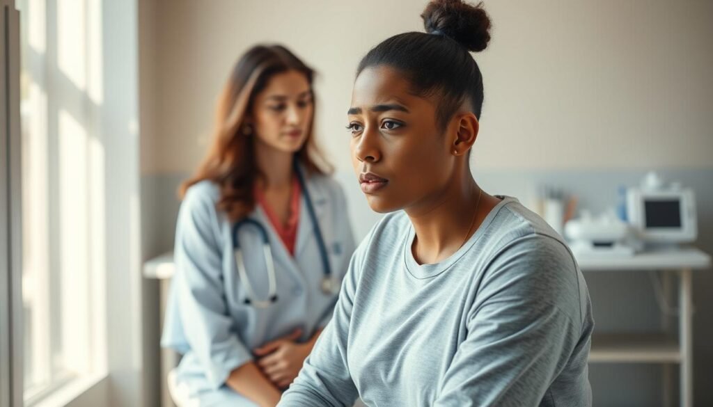 A doctor's office interior, filled with soft natural lighting. In the foreground, a patient sits on an examination table, a worried expression on their face as they describe their morning digestive issues to a concerned physician. The middle ground features medical equipment and supplies, conveying a sense of professional care. The background is a calm, neutral-toned wall, creating a serene, clinical atmosphere. The composition emphasizes the patient-doctor interaction, with the doctor's attentive posture and the patient's vulnerability. The scene evokes a sense of trust, empathy, and the pursuit of a diagnosis for the patient's chronic morning diarrhea. A doctor's office interior, filled with soft natural lighting. In the foreground, a patient sits on an examination table, a worried expression on their face as they describe their morning digestive issues to a concerned physician. The middle ground features medical equipment and supplies, conveying a sense of professional care. The background is a calm, neutral-toned wall, creating a serene, clinical atmosphere. The composition emphasizes the patient-doctor interaction, with the doctor's attentive posture and the patient's vulnerability. The scene evokes a sense of trust, empathy, and the pursuit of a diagnosis for the patient's chronic morning diarrhea.