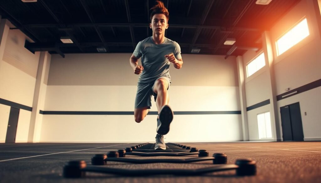 A dynamic athlete performs a high knees ladder drill in a well-lit, modern sports facility. The foreground shows their legs moving swiftly, knees lifting high in a zig-zag pattern, while the upper body remains upright and focused. The middle ground captures the athlete's determined expression and the blur of their movement, conveying a sense of speed and intensity. The background features a clean, minimalist gym setting with ample space, creating a sense of openness and clarity. The lighting is warm and directional, accentuating the subject's form and creating dramatic shadows. The overall tone is one of purposeful, disciplined motion, highlighting the drill's role in developing speed, agility, and performance.