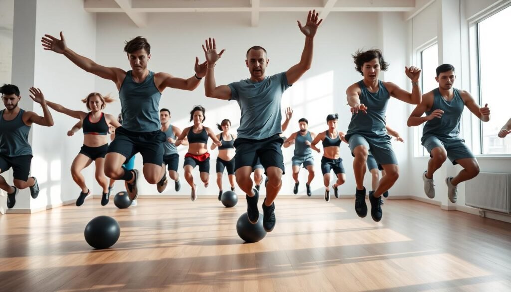 A dynamic group of athletes performing a variety of high-intensity jumping jack variations. In the foreground, individuals leap powerfully with arms and legs spread wide, their faces determined. In the middle ground, others perform modified versions, some with weighted balls, others incorporating side steps or jumps. The background is filled with a clean, minimalist gymnasium setting, with bright, natural lighting streaming in from large windows, casting long shadows across the exerting bodies. The overall mood is one of intensity, focus, and calorie-burning exertion. A dynamic group of athletes performing a variety of high-intensity jumping jack variations. In the foreground, individuals leap powerfully with arms and legs spread wide, their faces determined. In the middle ground, others perform modified versions, some with weighted balls, others incorporating side steps or jumps. The background is filled with a clean, minimalist gymnasium setting, with bright, natural lighting streaming in from large windows, casting long shadows across the exerting bodies. The overall mood is one of intensity, focus, and calorie-burning exertion.