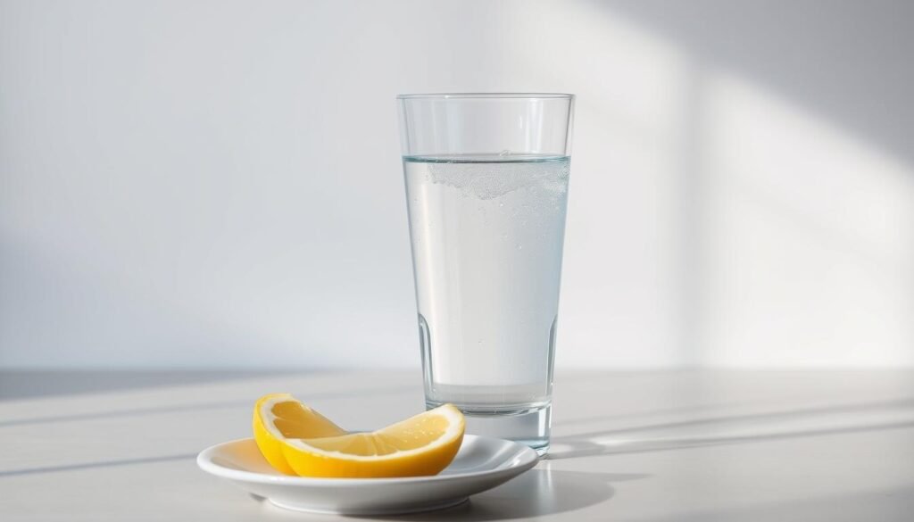 A glass of crystal clear water set against a minimalist background, illuminated by soft, natural lighting. The water glistens, conveying a sense of hydration and refreshment. In the foreground, a small plate holding a few sliced lemon wedges, symbolizing the importance of staying hydrated during intermittent fasting. The composition is balanced, with a serene, calming atmosphere that reflects the mindful approach to nutrition during the eating window of an intermittent fasting regimen. A glass of crystal clear water set against a minimalist background, illuminated by soft, natural lighting. The water glistens, conveying a sense of hydration and refreshment. In the foreground, a small plate holding a few sliced lemon wedges, symbolizing the importance of staying hydrated during intermittent fasting. The composition is balanced, with a serene, calming atmosphere that reflects the mindful approach to nutrition during the eating window of an intermittent fasting regimen.