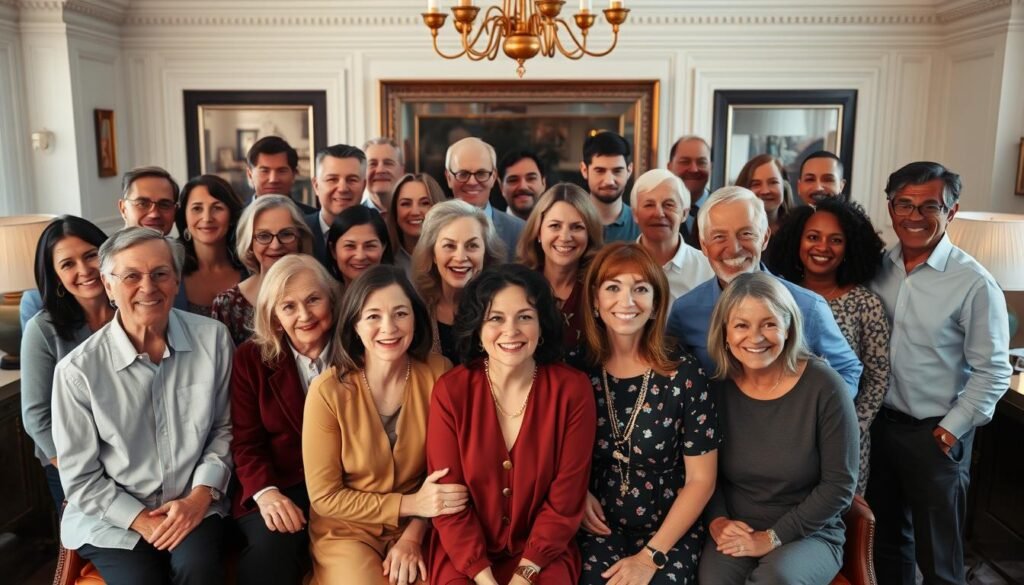 A group portrait of famous public figures who have openly discussed their experiences with autism, captured in a warm, uplifting manner. In the foreground, a diverse array of individuals, each with a distinctive expression and pose, conveying their unique personalities. The middle ground features a softly lit, elegant setting with tasteful furnishings, suggesting an intimate, inviting atmosphere. The background is subtly blurred, allowing the subjects to take center stage. The lighting is natural and flattering, casting a gentle glow on the figures and creating a sense of depth and dimension. The overall mood is one of empowerment, celebration, and a breaking down of stereotypes surrounding autism.