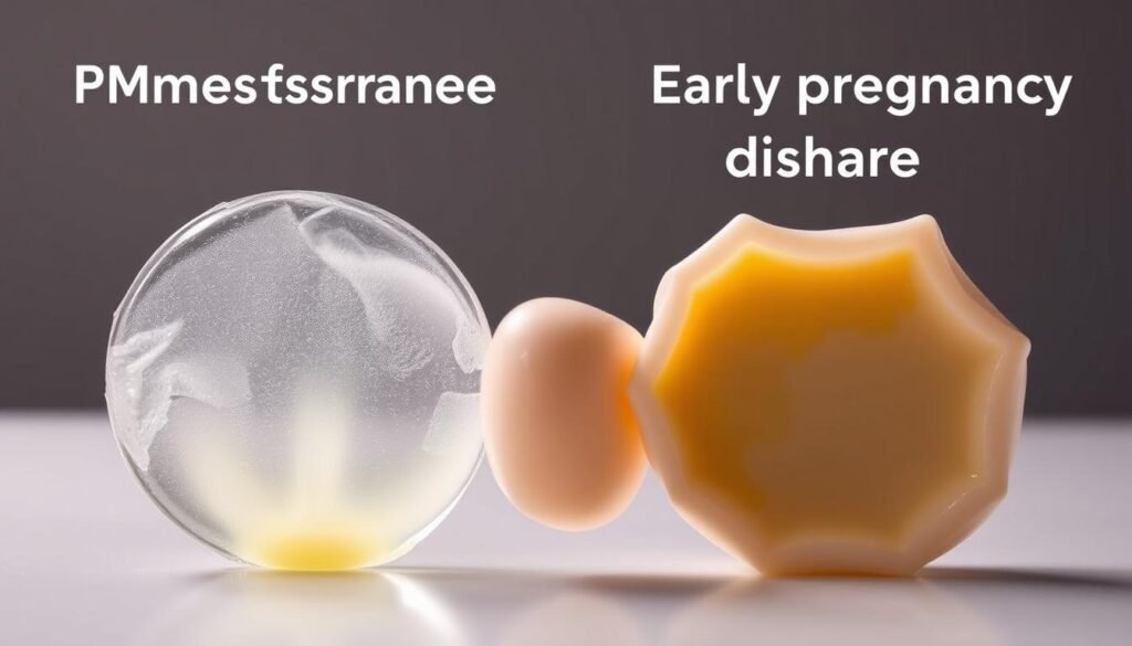 A high-resolution, photographic comparison showcasing the distinct visual differences between premenstrual syndrome (PMS) discharge and early pregnancy discharge. In the foreground, an up-close view of light, watery PMS discharge, with a faint yellow tinge. In the middle, a contrasting sample of thick, creamy early pregnancy discharge. The background depicts a neutral, clinical setting with muted lighting, emphasizing the medical nature of the subject. The image should convey a sense of scientific accuracy and educational purpose, allowing viewers to clearly distinguish the two types of vaginal discharge and their associated conditions. A high-resolution, photographic comparison showcasing the distinct visual differences between premenstrual syndrome (PMS) discharge and early pregnancy discharge. In the foreground, an up-close view of light, watery PMS discharge, with a faint yellow tinge. In the middle, a contrasting sample of thick, creamy early pregnancy discharge. The background depicts a neutral, clinical setting with muted lighting, emphasizing the medical nature of the subject. The image should convey a sense of scientific accuracy and educational purpose, allowing viewers to clearly distinguish the two types of vaginal discharge and their associated conditions.