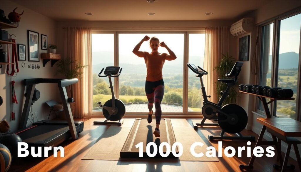A home gym with a variety of exercise equipment, including a treadmill, stationary bike, resistance bands, and dumbbells. The lighting is warm and natural, creating a cozy and motivating atmosphere. The middle ground features a person performing a high-intensity workout, with their movements captured in dynamic poses. The background showcases a panoramic view of a peaceful, natural landscape, evoking a sense of tranquility and balance. The overall scene conveys a comprehensive home-based routine for burning 1000 calories, blending functionality, intensity, and serenity. A home gym with a variety of exercise equipment, including a treadmill, stationary bike, resistance bands, and dumbbells. The lighting is warm and natural, creating a cozy and motivating atmosphere. The middle ground features a person performing a high-intensity workout, with their movements captured in dynamic poses. The background showcases a panoramic view of a peaceful, natural landscape, evoking a sense of tranquility and balance. The overall scene conveys a comprehensive home-based routine for burning 1000 calories, blending functionality, intensity, and serenity.