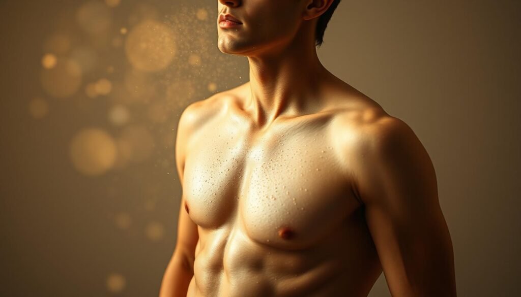 A human body in a dynamic pose, perspiring profusely, with beads of sweat glistening on the skin. The figure is surrounded by a hazy, ethereal energy field that visually represents the caloric expenditure and physiological processes involved in sweating. The background is minimalist, with muted tones accentuating the central subject. Soft, warm lighting casts dramatic shadows, emphasizing the musculature and conveying a sense of physical exertion. The overall impression is one of a tangible, visceral connection between the act of sweating and the burning of calories. A human body in a dynamic pose, perspiring profusely, with beads of sweat glistening on the skin. The figure is surrounded by a hazy, ethereal energy field that visually represents the caloric expenditure and physiological processes involved in sweating. The background is minimalist, with muted tones accentuating the central subject. Soft, warm lighting casts dramatic shadows, emphasizing the musculature and conveying a sense of physical exertion. The overall impression is one of a tangible, visceral connection between the act of sweating and the burning of calories.