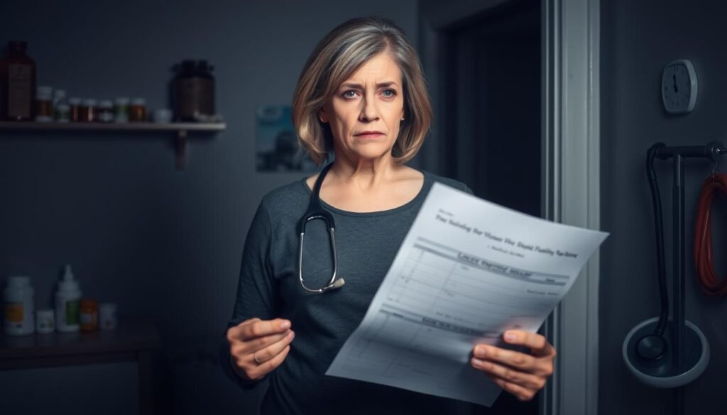 A middle-aged woman with concerned expression, standing in a dimly lit room with a medical chart in hand, surrounded by various health-related objects like prescription bottles, a stethoscope, and a digital scale. The atmosphere is somber and introspective, conveying the potential risks and considerations of intermittent fasting for women over 40. Soft, dramatic lighting highlights the woman's face, creating a sense of introspection and vulnerability. The composition emphasizes the woman's central role, with the background elements providing a contextual framework. A middle-aged woman with concerned expression, standing in a dimly lit room with a medical chart in hand, surrounded by various health-related objects like prescription bottles, a stethoscope, and a digital scale. The atmosphere is somber and introspective, conveying the potential risks and considerations of intermittent fasting for women over 40. Soft, dramatic lighting highlights the woman's face, creating a sense of introspection and vulnerability. The composition emphasizes the woman's central role, with the background elements providing a contextual framework.