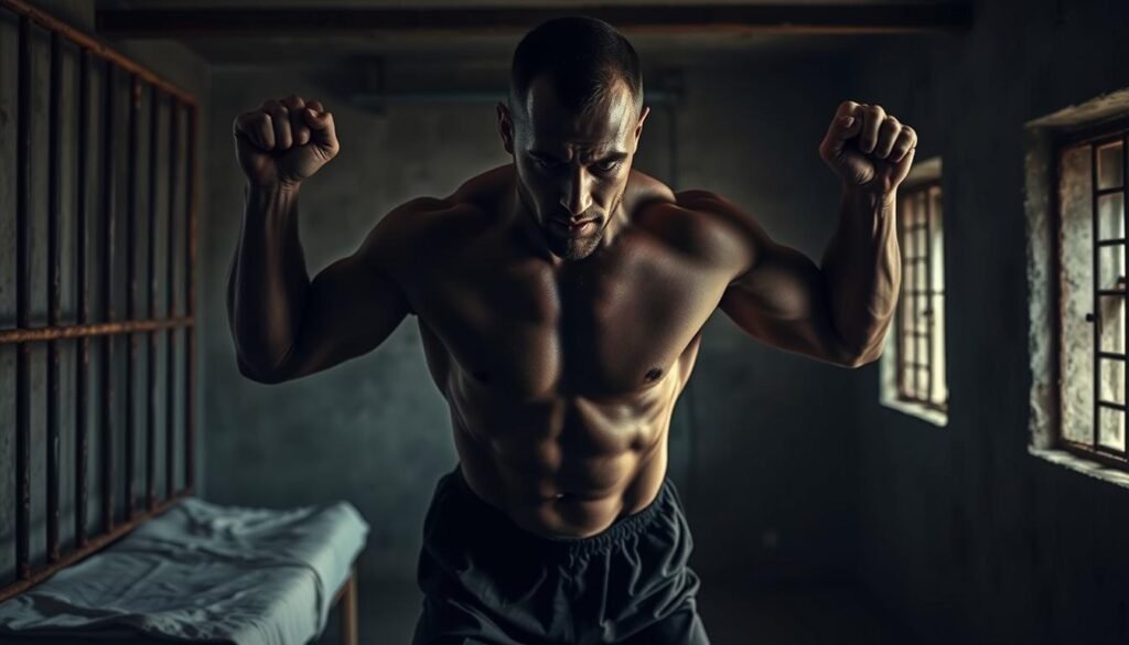 A muscular inmate performing a full-body circuit workout in a gritty, dimly lit prison cell. Sweat-drenched, their physique chiseled from years of intense training. Harsh lighting casts dramatic shadows, highlighting the prisoner's focused expression and powerful movements. Rusty bars on the windows, a thin mattress, and a sparse concrete interior create an oppressive atmosphere. The inmate's body is the focal point, their muscles straining against the constraints of their environment as they push through a grueling routine of pushups, squats, and burpees. A sense of determination and resilience permeates the scene, showcasing the human spirit's ability to thrive even in the most challenging circumstances.