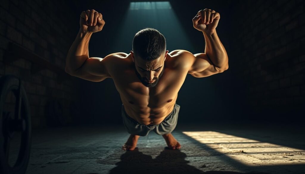 A muscular prisoner performing a rigorous calisthenics routine in a dimly lit prison yard. Sunlight casts dramatic shadows across his straining body as he executes push-ups, pull-ups, and squats with perfect form. The scene conveys a sense of resourcefulness, discipline, and physical transformation, reflecting the determination and resilience required to maintain fitness behind bars with no equipment. The camera angle is low, emphasizing the power and intensity of the movements. The backdrop is a simple stone wall, focusing attention on the human body as the sole tool for an effective full-body workout.