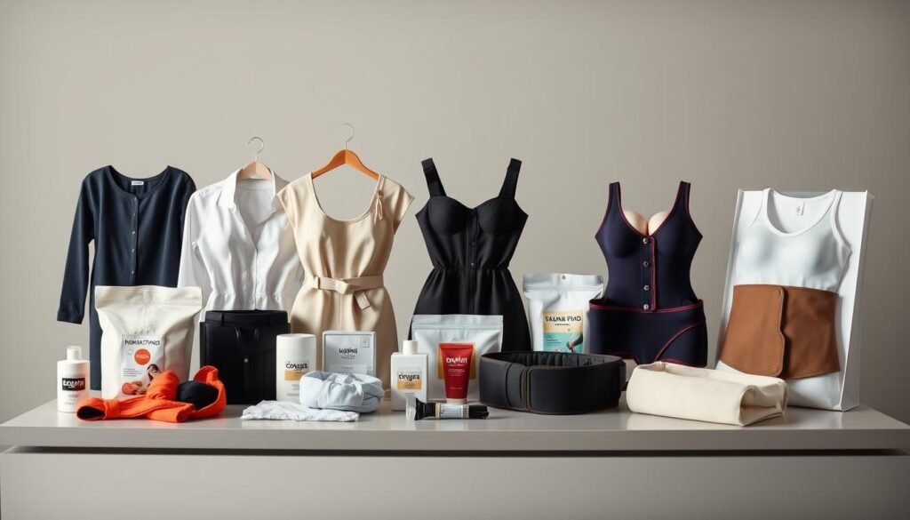 A neatly arranged display of various sweat-inducing weight loss products, such as sauna suits, waist trimmers, and sweat belts. The items are presented on a sleek, minimalist table against a muted, neutral-toned background, creating a focus on the products themselves. The lighting is soft and diffused, highlighting the textures and materials of the items. The overall composition conveys a sense of simplicity and professionalism, inviting the viewer to examine the products closely and consider their potential effectiveness for weight loss through increased sweating. A neatly arranged display of various sweat-inducing weight loss products, such as sauna suits, waist trimmers, and sweat belts. The items are presented on a sleek, minimalist table against a muted, neutral-toned background, creating a focus on the products themselves. The lighting is soft and diffused, highlighting the textures and materials of the items. The overall composition conveys a sense of simplicity and professionalism, inviting the viewer to examine the products closely and consider their potential effectiveness for weight loss through increased sweating.