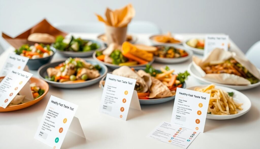 A neatly arranged table with various healthy fast food options, each with individual taste test ranking cards displayed. The table is well-lit, with a soft, natural lighting that highlights the vibrant colors of the food. In the foreground, the ranking cards feature concise tasting notes, numerical scores, and simple icons to convey the overall assessment. The middle ground showcases the diverse array of healthy fast food items, including salads, wraps, and plant-based options. The background is slightly blurred, creating a clean, minimalist aesthetic that allows the focus to remain on the taste test results.