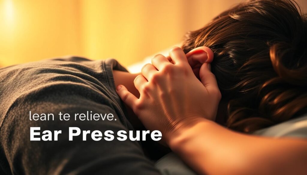 A person resting on their side, applying gentle pressure to their ear with their hand. The scene is lit by soft, warm lighting, creating a soothing and relaxing atmosphere. The background is slightly blurred, drawing the focus to the person's ear and the hand providing relief. The image conveys a sense of comfort and ease, illustrating effective techniques for relieving ear pressure and promoting better sleep. A person resting on their side, applying gentle pressure to their ear with their hand. The scene is lit by soft, warm lighting, creating a soothing and relaxing atmosphere. The background is slightly blurred, drawing the focus to the person's ear and the hand providing relief. The image conveys a sense of comfort and ease, illustrating effective techniques for relieving ear pressure and promoting better sleep.