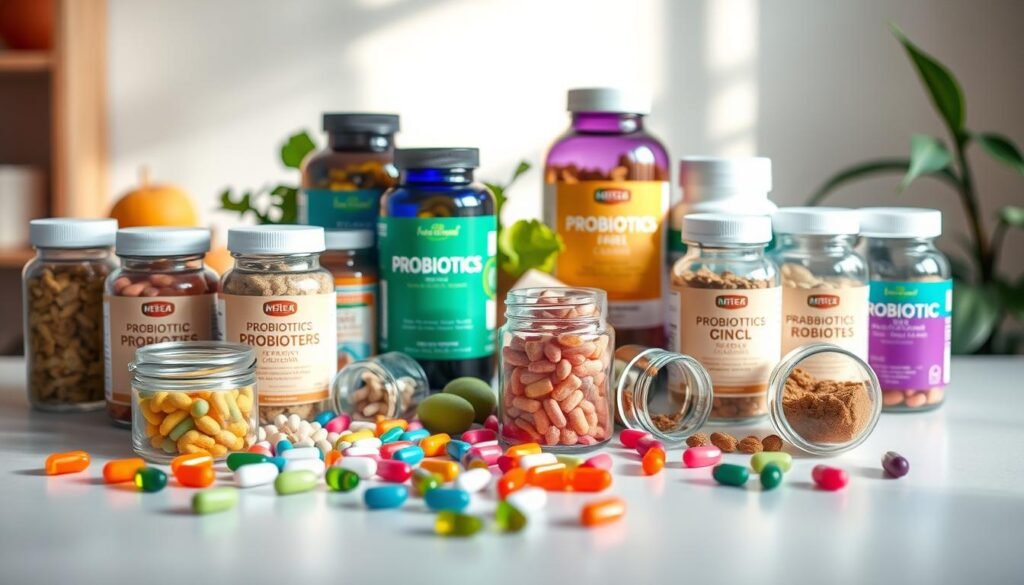 A selection of vibrant probiotic supplements arranged on a clean, minimalist table surface. The foreground features a variety of colorful capsules, tablets, and powders in jars and bottles, showcasing the diversity of probiotic strains. The middle ground includes a few leafy greens and fresh fruits, hinting at the natural sources of probiotics. Soft, natural lighting casts a warm glow, highlighting the supplements' purity and quality. The overall atmosphere conveys a sense of wellness, health, and the importance of gut-friendly bacteria for digestive well-being.