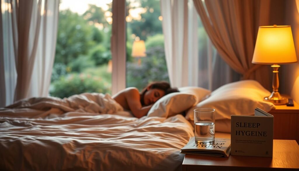 A serene bedroom scene bathed in warm, gentle lighting. In the foreground, a person peacefully sleeping on a comfortable mattress, surrounded by plush bedding and soft pillows. In the middle ground, a nightstand with a lamp emitting a soft, amber glow, a glass of water, and a book about sleep hygiene. In the background, a large window overlooking a tranquil garden, with wispy curtains gently billowing in the breeze. The overall atmosphere conveys a sense of calmness, relaxation, and restfulness, reflecting the lifestyle habits that enhance core sleep quality. A serene bedroom scene bathed in warm, gentle lighting. In the foreground, a person peacefully sleeping on a comfortable mattress, surrounded by plush bedding and soft pillows. In the middle ground, a nightstand with a lamp emitting a soft, amber glow, a glass of water, and a book about sleep hygiene. In the background, a large window overlooking a tranquil garden, with wispy curtains gently billowing in the breeze. The overall atmosphere conveys a sense of calmness, relaxation, and restfulness, reflecting the lifestyle habits that enhance core sleep quality.