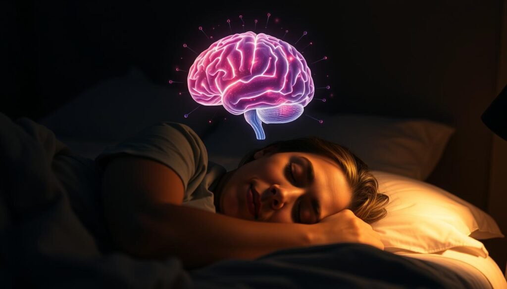 A serene, dimly lit bedroom scene with a person sleeping peacefully, their face illuminated by soft, warm lighting. The sleeping figure is surrounded by a halo of restful energy, symbolizing the restorative power of core sleep. In the background, a stylized visual representation of the brain, glowing with vibrant neural activity, suggests the cognitive benefits of deep, restorative sleep. The composition is balanced and harmonious, conveying a sense of mental clarity and well-being. The lighting is atmospheric, with subtle shadows and highlights accentuating the tranquil mood. The overall image evokes the theme of how core sleep optimizes cognitive function and mental health. A serene, dimly lit bedroom scene with a person sleeping peacefully, their face illuminated by soft, warm lighting. The sleeping figure is surrounded by a halo of restful energy, symbolizing the restorative power of core sleep. In the background, a stylized visual representation of the brain, glowing with vibrant neural activity, suggests the cognitive benefits of deep, restorative sleep. The composition is balanced and harmonious, conveying a sense of mental clarity and well-being. The lighting is atmospheric, with subtle shadows and highlights accentuating the tranquil mood. The overall image evokes the theme of how core sleep optimizes cognitive function and mental health.