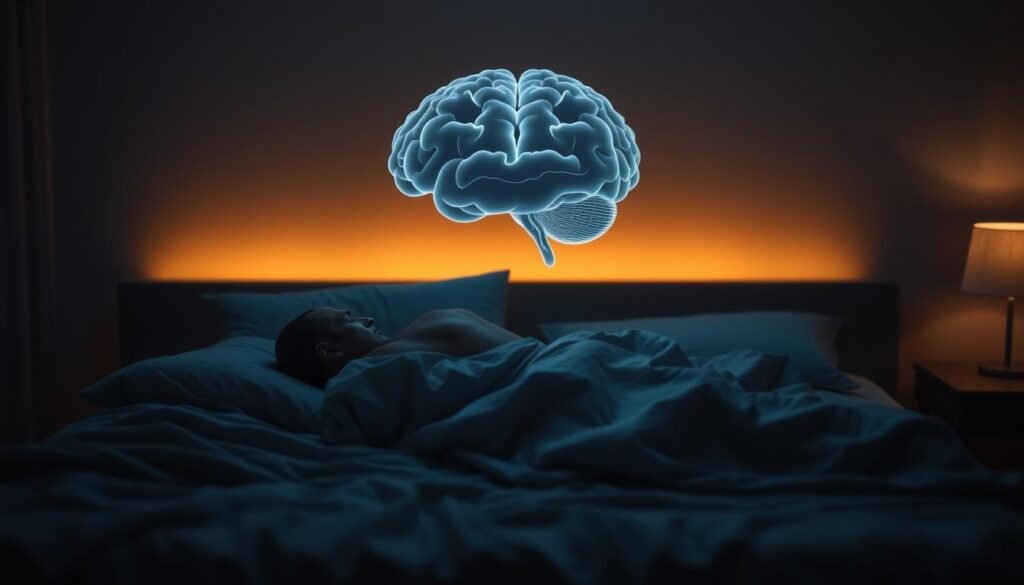 A serene, dimly lit bedroom with a sleeping figure at the center, wrapped in soft bedding. The figure's brain patterns are visualized above, depicting the distinct stages of core sleep - the deep, restorative phase where memory consolidation and tissue repair occur. Subtle ambient lighting casts a warm glow, creating an atmosphere of tranquility and healing. The background is hazy and out of focus, directing the viewer's attention to the core sleep patterns above the sleeping form. Rendered in a muted, naturalistic color palette with a sense of depth and realism. A serene, dimly lit bedroom with a sleeping figure at the center, wrapped in soft bedding. The figure's brain patterns are visualized above, depicting the distinct stages of core sleep - the deep, restorative phase where memory consolidation and tissue repair occur. Subtle ambient lighting casts a warm glow, creating an atmosphere of tranquility and healing. The background is hazy and out of focus, directing the viewer's attention to the core sleep patterns above the sleeping form. Rendered in a muted, naturalistic color palette with a sense of depth and realism.