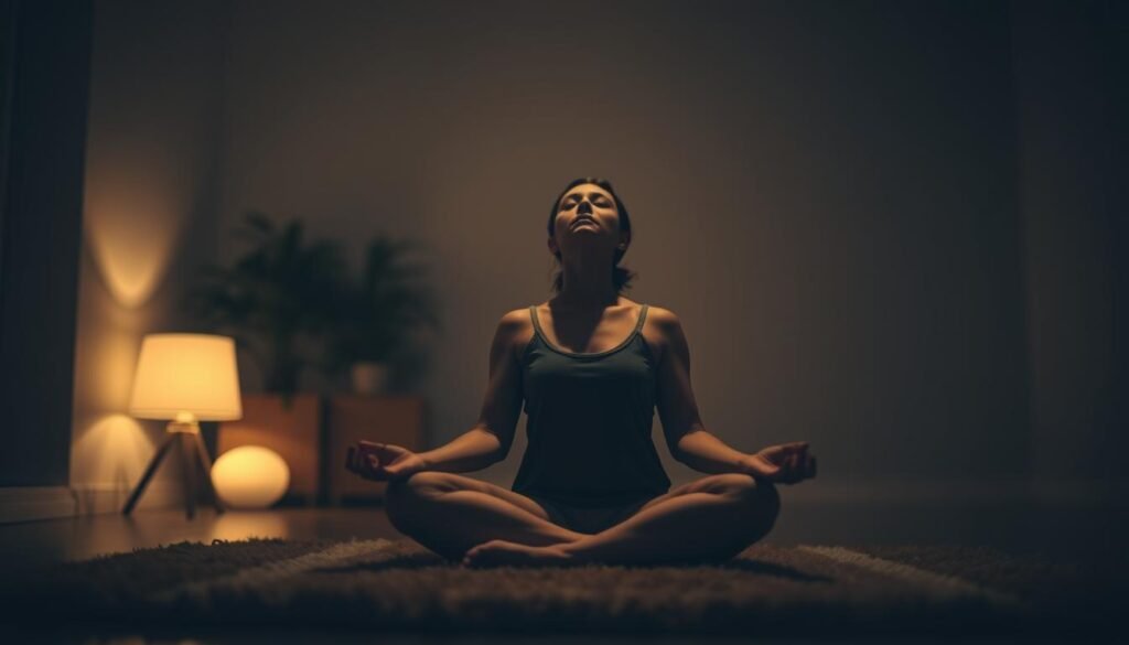 A serene, dimly lit indoor scene showcasing a person deeply inhaling and exhaling during a tranquil meditation session. The subject is seated in a comfortable lotus position on a plush, earth-toned rug, their eyes gently closed as they focus on their breathing. Soft, warm lighting from a table lamp bathes the scene in a comforting glow, casting long shadows and highlighting the person's contemplative expression. The background is a blurred, minimalist interior with neutral-toned walls, providing a calming, distraction-free environment. The overall atmosphere evokes a sense of peace, relaxation, and mindfulness. A serene, dimly lit indoor scene showcasing a person deeply inhaling and exhaling during a tranquil meditation session. The subject is seated in a comfortable lotus position on a plush, earth-toned rug, their eyes gently closed as they focus on their breathing. Soft, warm lighting from a table lamp bathes the scene in a comforting glow, casting long shadows and highlighting the person's contemplative expression. The background is a blurred, minimalist interior with neutral-toned walls, providing a calming, distraction-free environment. The overall atmosphere evokes a sense of peace, relaxation, and mindfulness.