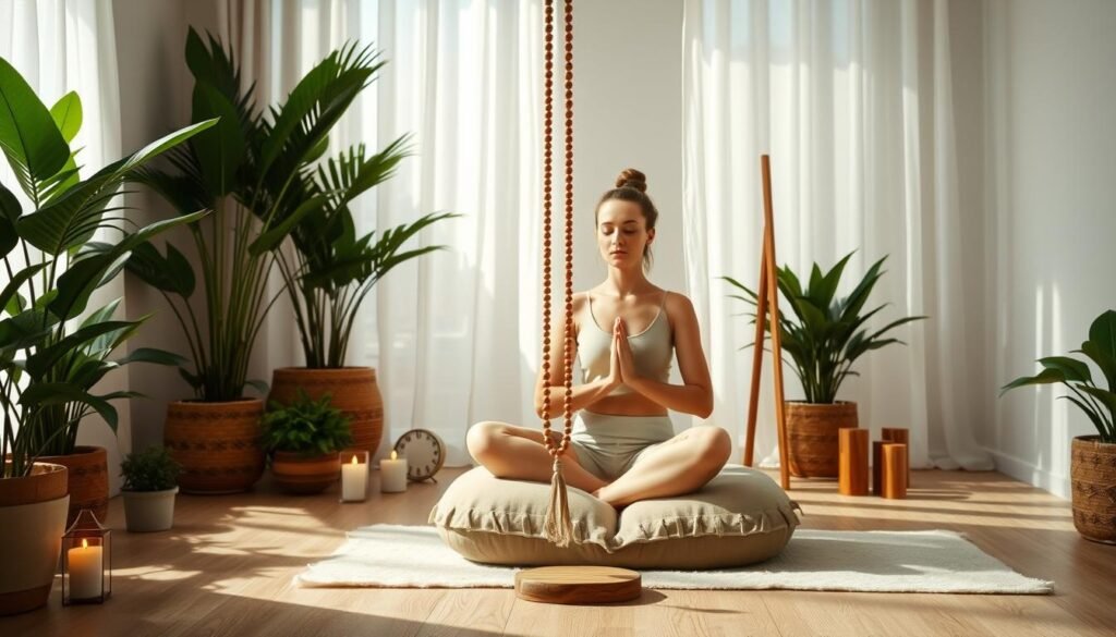 A serene meditation chamber with soft natural lighting filtering through sheer curtains. In the foreground, a person sits cross-legged on a plush cushion, eyes closed, hands resting on their lap in a peaceful mudra. Lush potted plants and candles surround them, creating a calming ambiance. In the middle ground, a delicate crystal mala beads hang from a wooden stand. The background features a minimalist, neutral-toned wall, exuding a sense of tranquility and focus. Overall, the scene conveys an atmosphere of mindfulness, inner reflection, and the rejuvenating power of meditation. A serene meditation chamber with soft natural lighting filtering through sheer curtains. In the foreground, a person sits cross-legged on a plush cushion, eyes closed, hands resting on their lap in a peaceful mudra. Lush potted plants and candles surround them, creating a calming ambiance. In the middle ground, a delicate crystal mala beads hang from a wooden stand. The background features a minimalist, neutral-toned wall, exuding a sense of tranquility and focus. Overall, the scene conveys an atmosphere of mindfulness, inner reflection, and the rejuvenating power of meditation.