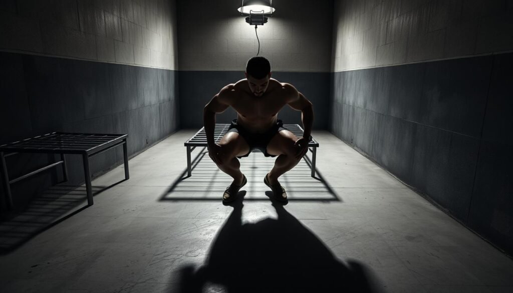 A solitary prison cell with bare concrete walls and a metal bed frame. In the center of the frame, a muscular inmate performs squats, their body casting long shadows across the floor. Overhead, a single harsh light fixture illuminates the scene with a stark, dramatic contrast. The figure's intense focus and determination is palpable, as they push through the grueling exercise with grit and resolve. The atmosphere is one of raw, uncompromising power - a testament to the transformative potential of the human spirit, even in the most confined and unforgiving of circumstances.