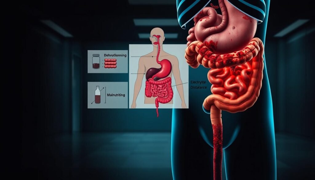 A stark, high-contrast medical illustration depicting the dangers of chronic diarrhea. In the foreground, a stylized human digestive tract is visibly damaged, with sections inflamed and hemorrhaging. The middle ground features anatomical diagrams highlighting dehydration, electrolyte imbalance, and malnutrition - the key complications of uncontrolled diarrhea. The background is a sterile, clinical environment, casting an ominous tone. The lighting is harsh, emphasizing the severity of the condition. The overall mood is one of urgency, drawing attention to the serious health risks of untreated chronic diarrhea. A stark, high-contrast medical illustration depicting the dangers of chronic diarrhea. In the foreground, a stylized human digestive tract is visibly damaged, with sections inflamed and hemorrhaging. The middle ground features anatomical diagrams highlighting dehydration, electrolyte imbalance, and malnutrition - the key complications of uncontrolled diarrhea. The background is a sterile, clinical environment, casting an ominous tone. The lighting is harsh, emphasizing the severity of the condition. The overall mood is one of urgency, drawing attention to the serious health risks of untreated chronic diarrhea.