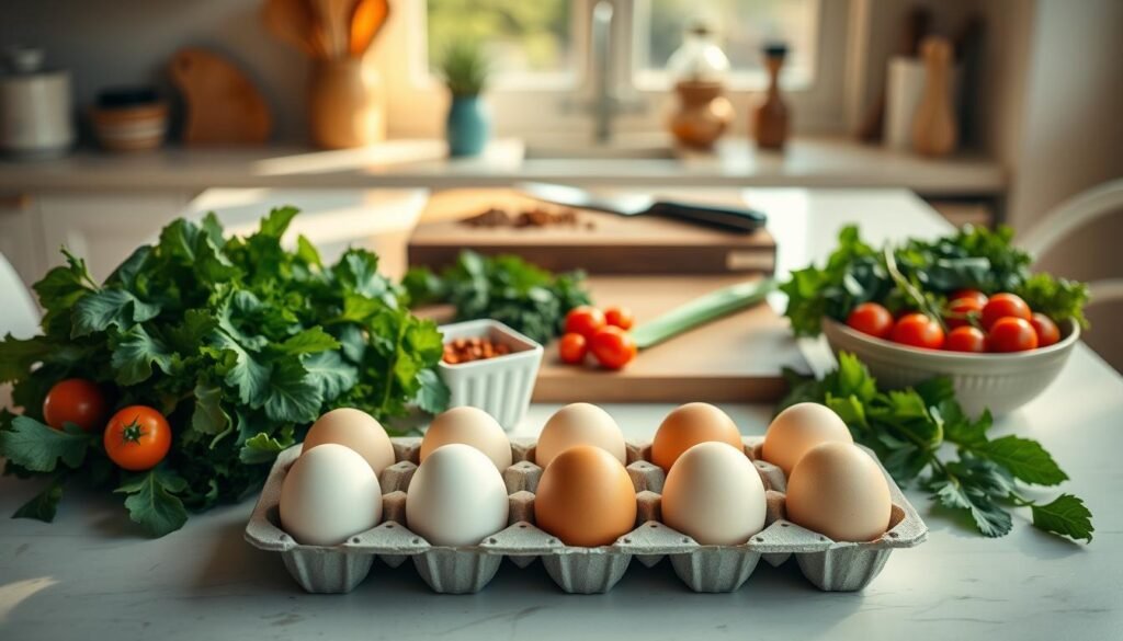 A sunny kitchen table with a thoughtfully arranged display of eggs, fresh produce, and cooking utensils. The scene exudes a sense of organization and culinary inspiration. In the foreground, a dozen eggs sit in an elegant carton, their golden yolks glistening. Surrounding them are leafy greens, vibrant cherry tomatoes, and a small bowl of fresh herbs. In the middle ground, a cutting board holds a knife and a selection of spices, hinting at the flavorful dishes to come. The background features warm, natural lighting streaming through a window, casting a soft glow over the scene and creating an atmosphere of relaxed meal planning. The overall composition conveys a sense of healthy, balanced eating centered around the versatile and nutritious egg. A sunny kitchen table with a thoughtfully arranged display of eggs, fresh produce, and cooking utensils. The scene exudes a sense of organization and culinary inspiration. In the foreground, a dozen eggs sit in an elegant carton, their golden yolks glistening. Surrounding them are leafy greens, vibrant cherry tomatoes, and a small bowl of fresh herbs. In the middle ground, a cutting board holds a knife and a selection of spices, hinting at the flavorful dishes to come. The background features warm, natural lighting streaming through a window, casting a soft glow over the scene and creating an atmosphere of relaxed meal planning. The overall composition conveys a sense of healthy, balanced eating centered around the versatile and nutritious egg.