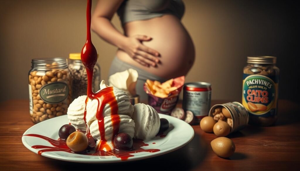 A surreal still life featuring an array of bizarre pregnancy cravings. In the foreground, a plate holds a peculiar combination of items - pickles, ice cream, and olives. Cascading from the plate, tendrils of melted chocolate and ketchup create an unsettling abstract pattern. The middle ground features a jar of mustard seeds, a half-eaten bag of potato chips, and a can of sardines. In the background, a shadowy figure of a pregnant woman hovers, her cravings manifesting as a disembodied hand reaching for a jar of pickled onions. The scene is bathed in a warm, hazy light, creating an eerie, dreamlike atmosphere that captures the essence of "weird" pregnancy cravings. A surreal still life featuring an array of bizarre pregnancy cravings. In the foreground, a plate holds a peculiar combination of items - pickles, ice cream, and olives. Cascading from the plate, tendrils of melted chocolate and ketchup create an unsettling abstract pattern. The middle ground features a jar of mustard seeds, a half-eaten bag of potato chips, and a can of sardines. In the background, a shadowy figure of a pregnant woman hovers, her cravings manifesting as a disembodied hand reaching for a jar of pickled onions. The scene is bathed in a warm, hazy light, creating an eerie, dreamlike atmosphere that captures the essence of "weird" pregnancy cravings.