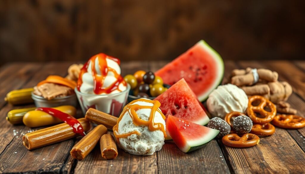 A surreal still life showcasing an array of "weird" pregnancy cravings on a rustic wooden table. In the foreground, an assortment of unusual food items such as pickles dipped in peanut butter, ice cream topped with hot sauce, and a slice of watermelon sprinkled with salt. In the middle ground, a mix of savory and sweet items like olives and chocolate-covered pretzels. In the background, a hazy, dreamlike setting with soft, warm lighting to evoke the strange, intense cravings experienced during pregnancy. The overall composition is visually striking, capturing the essence of the "common yet weird" nature of these cravings. A surreal still life showcasing an array of "weird" pregnancy cravings on a rustic wooden table. In the foreground, an assortment of unusual food items such as pickles dipped in peanut butter, ice cream topped with hot sauce, and a slice of watermelon sprinkled with salt. In the middle ground, a mix of savory and sweet items like olives and chocolate-covered pretzels. In the background, a hazy, dreamlike setting with soft, warm lighting to evoke the strange, intense cravings experienced during pregnancy. The overall composition is visually striking, capturing the essence of the "common yet weird" nature of these cravings.