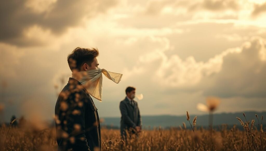 A sweeping, atmospheric landscape showcasing the dynamic interplay between weather changes and their impact on environmental allergens. In the foreground, a pollen-filled breeze swirls, casting a delicate haze over the scene. In the middle ground, a person sneezes, their face partially obscured by a handkerchief, as they grapple with the onset of allergy symptoms. The background features a moody, overcast sky, with shifting cloud formations hinting at the impending weather shifts that can exacerbate allergic reactions. Warm, diffused lighting casts a contemplative mood, while a shallow depth of field focuses the viewer's attention on the central figures and their struggle with the environmental triggers. The overall composition evokes the complex relationship between weather patterns, seasonal changes, and the human experience of allergies. A sweeping, atmospheric landscape showcasing the dynamic interplay between weather changes and their impact on environmental allergens. In the foreground, a pollen-filled breeze swirls, casting a delicate haze over the scene. In the middle ground, a person sneezes, their face partially obscured by a handkerchief, as they grapple with the onset of allergy symptoms. The background features a moody, overcast sky, with shifting cloud formations hinting at the impending weather shifts that can exacerbate allergic reactions. Warm, diffused lighting casts a contemplative mood, while a shallow depth of field focuses the viewer's attention on the central figures and their struggle with the environmental triggers. The overall composition evokes the complex relationship between weather patterns, seasonal changes, and the human experience of allergies.