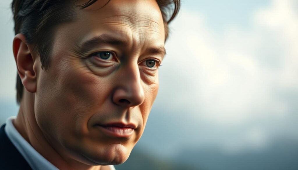 A thoughtful, nuanced portrait of Elon Musk set against a contemplative backdrop. In the foreground, a close-up of Musk's face, his gaze introspective, brow slightly furrowed as if deep in concentration. Soft, natural lighting casts subtle shadows, highlighting the contours of his features. The middle ground blurs into a hazy, dreamlike environment, hinting at the complexities of the subject's mind. In the background, ethereal shapes and forms suggest the search for understanding, the pursuit of answers. The overall mood is pensive, inviting the viewer to consider the depth and uniqueness of Musk's character and potential neurodiversity.